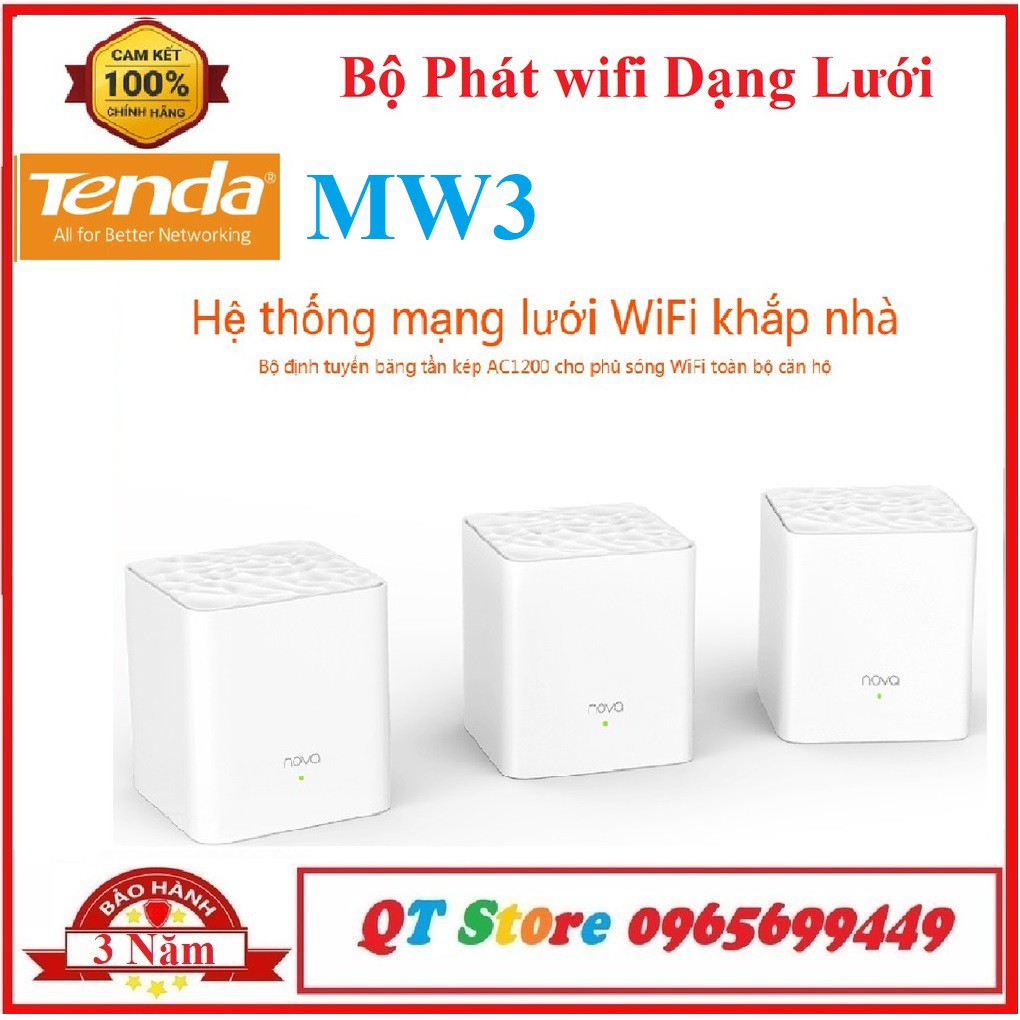 Bộ 3 Cái Phát Wifi Dạng Lưới Mesh Tenda Nova MW3 AC1200 Phủ Sóng 300m2 - Hàng Chính Hãng