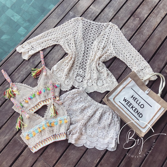 Set biển - set 3 món - áo 2 dây thổ cẩm + quần hoa hot hit cạp nhỏ + choàng ren tay sóng điệu đà (có tách rời)