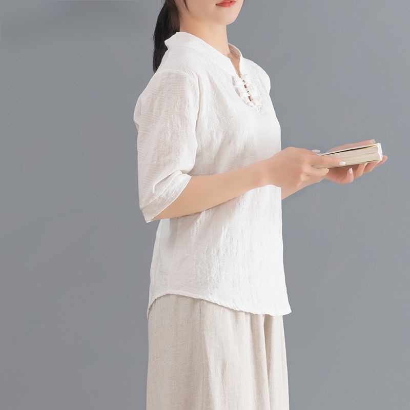 Áo Thun Cotton Linen Cổ Đứng Cài Nút Tay Lửng Phong Cách Trung Hoa Cổ Điển Hàng Mới 2022