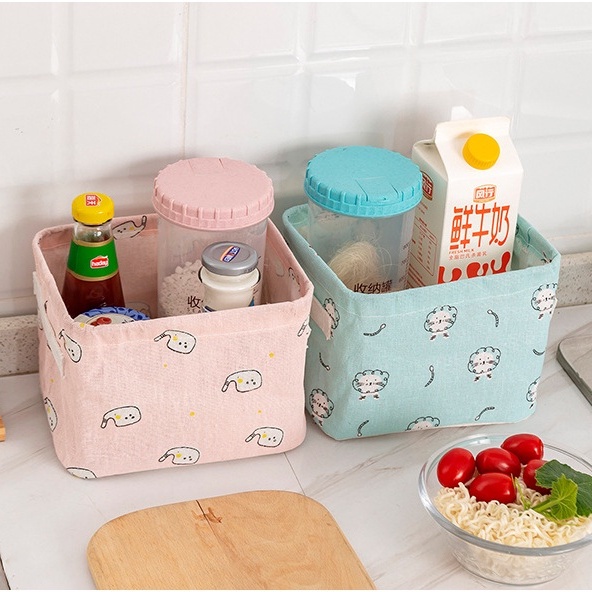 Hộp Đựng Đồ Dùng / Mỹ Phẩm Bằng Vải Lanh Cotton In Họa Tiết Hoạt Hình Dễ Thương