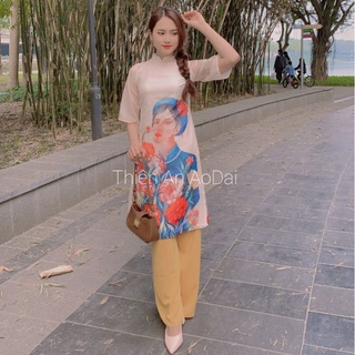 Áo dài Lụa 4 tà họa tiết cô gái