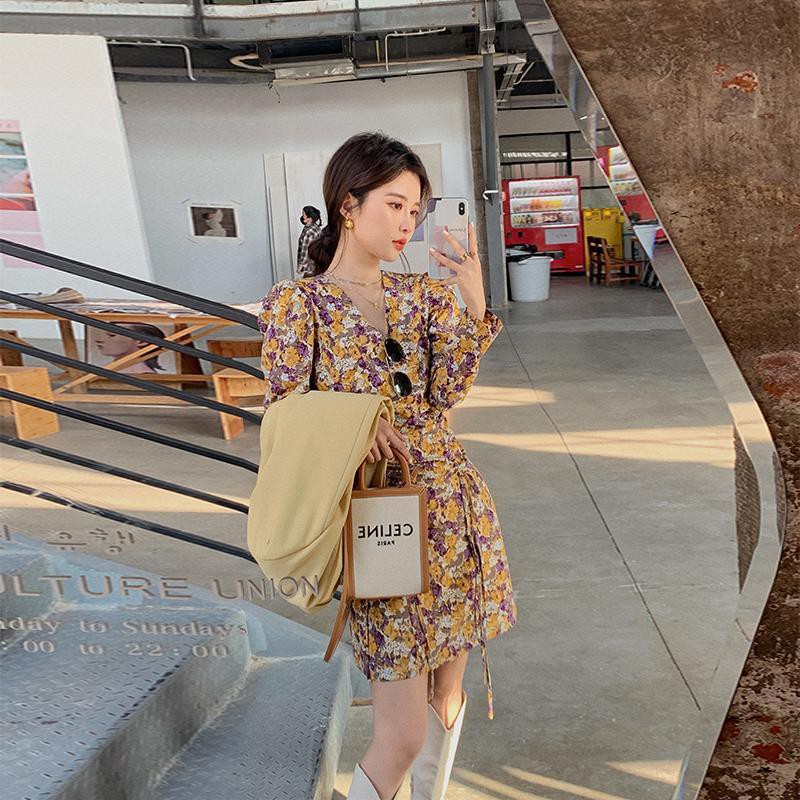 ❤New products❤2021 early spring new French retro v-neck floral dress with waist and thin long skirt women