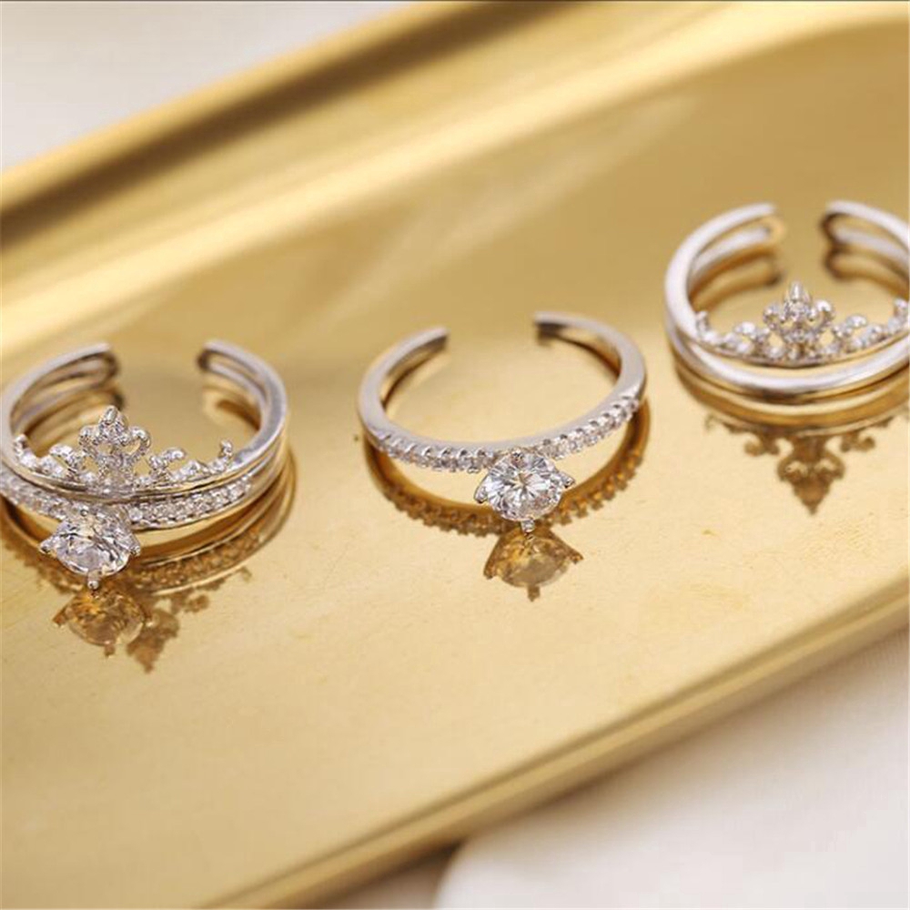 Set 2 nhẫn Qipin dạng hở màu vàng và bạc đính đá zircon điều chỉnh được cho tiệc cưới