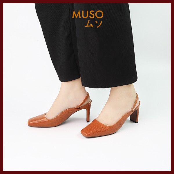 Giày Cao Gót 7cm Quai Mềm Slingback MUSO Mũi Vuông Da Vân Rắn Sang Chảnh