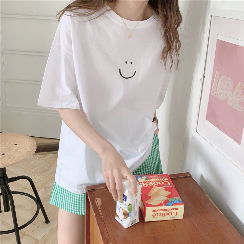 Set Thun Mặt Cười Short Caro Xanh - Bộ áo thun tay lỡ form rộng họa tiết dễ thương kèm quần đùi ống rộng kẻ ổ cạp chun