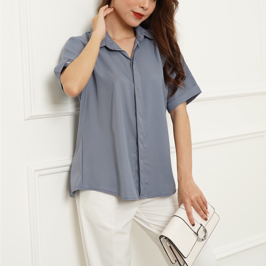 Áo sơ mi nữ ngắn tay, áo công sở cộc tay form rộng màu Trắng Đen Be Xanh MISS CLOTHINGS SM-02 | BigBuy360 - bigbuy360.vn