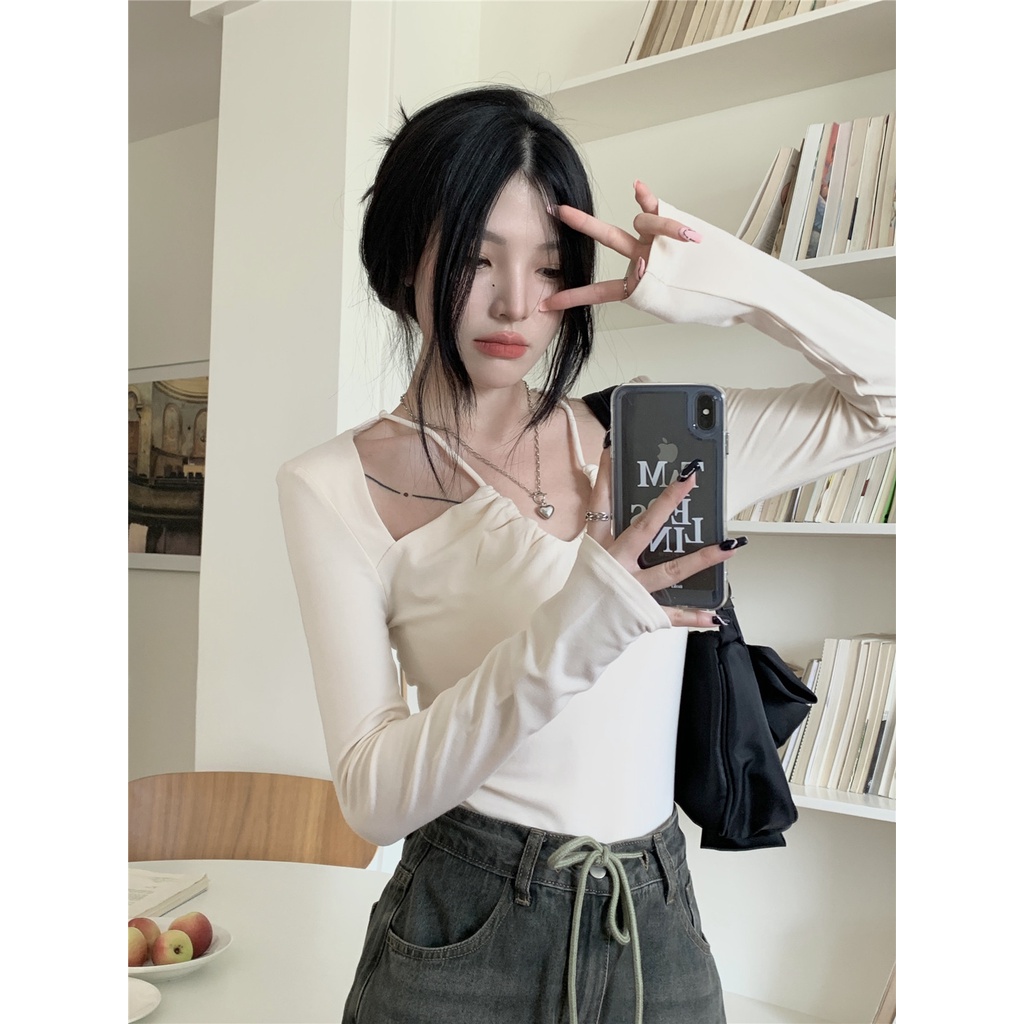 Áo Sơ Mi Tay Dài Cổ Chữ V Không Đối Xứng Màu Trơn Kiểu Mỹ