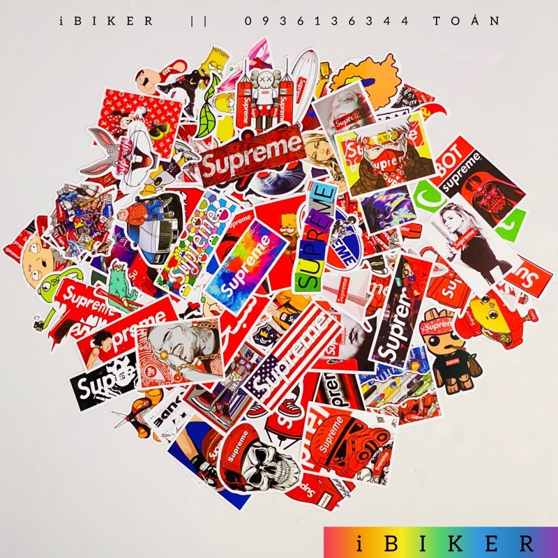 100 Tem Sticker Supreme cao cấp gồm 100 sticker chất liệu PVC không thấm nước dán xe, nón bảo hiểm, vali, laptop,...