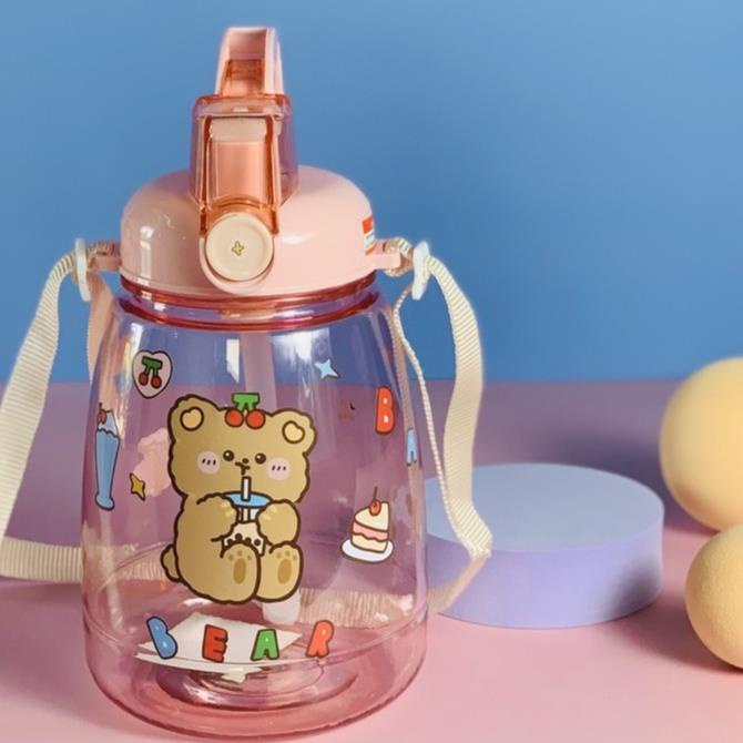 Bình Đựng Nước 1300ML Có Tặng Sticker Cute Dễ Thương , Dây đeo ống hút gập_nhi.11