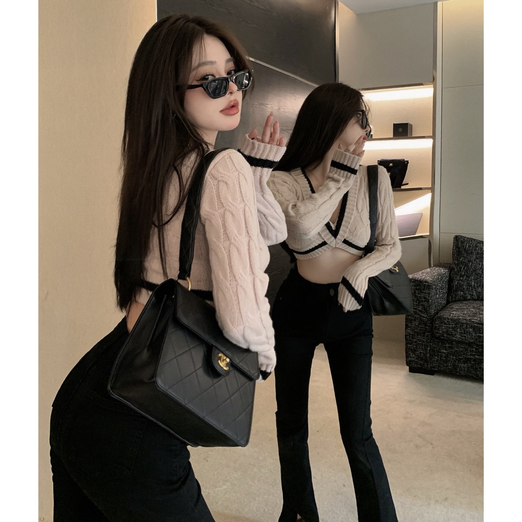 Áo len tay dài cổ chữ V màu sắc tương phản thời trang dành cho nữ