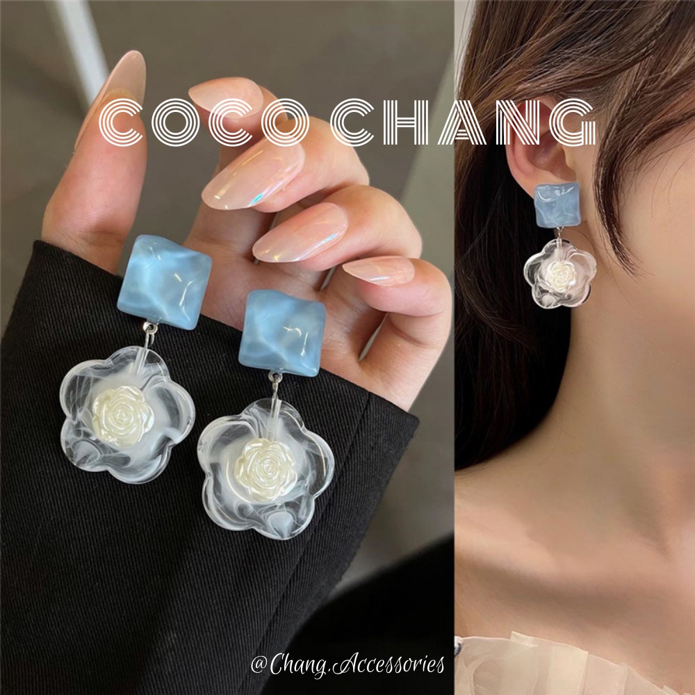 S925 Khuyên tai chuôi bạc hoa trà bông tai trong suốt ulzzang Cocochang shop