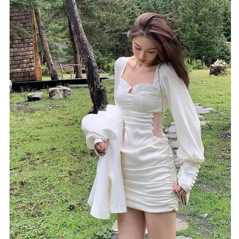 Jane Đầm dự tiệc ôm nhún sóng eo voan ren tay dài phong cách châu Âu quyến rũ