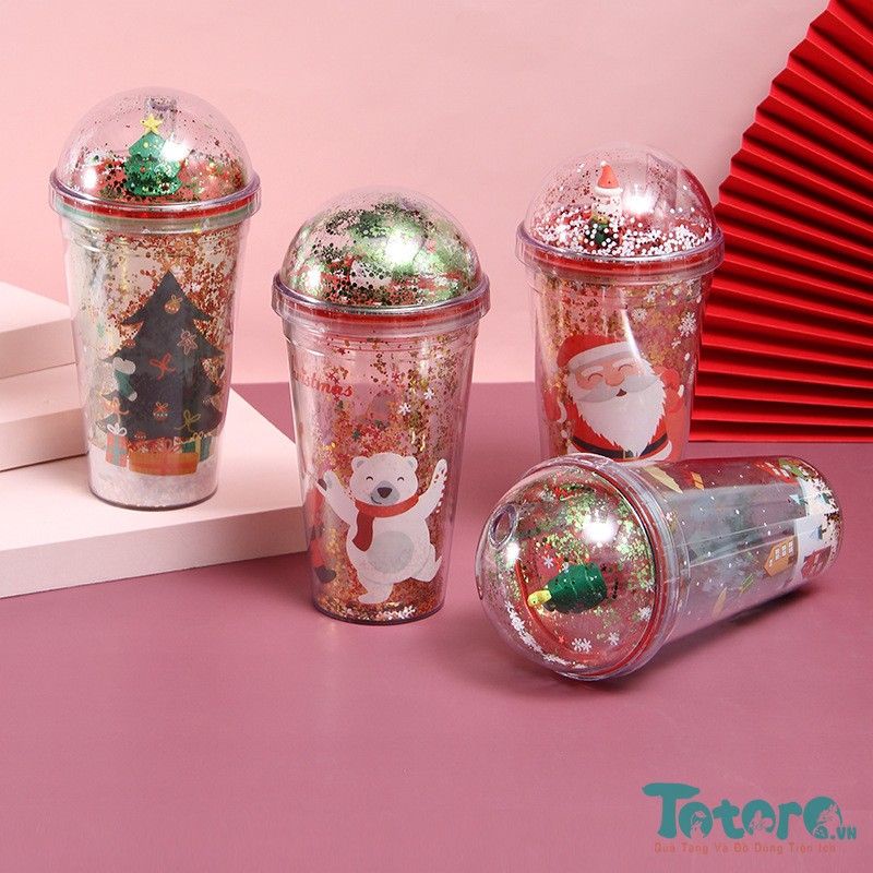 Ly cốc nhựa kim tuyến kèm ống hút Giáng Sinh Noel