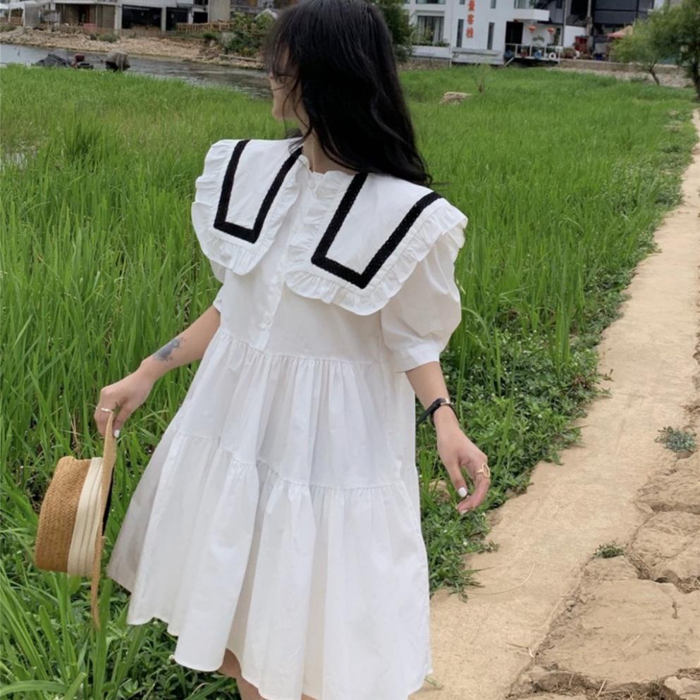 Đầm nữ bigsize babydoll phối viền bèo ống tay bo ngắn kiểu dàng xòe thời trang hè Ulzzang trẻ trung cá tính | BigBuy360 - bigbuy360.vn