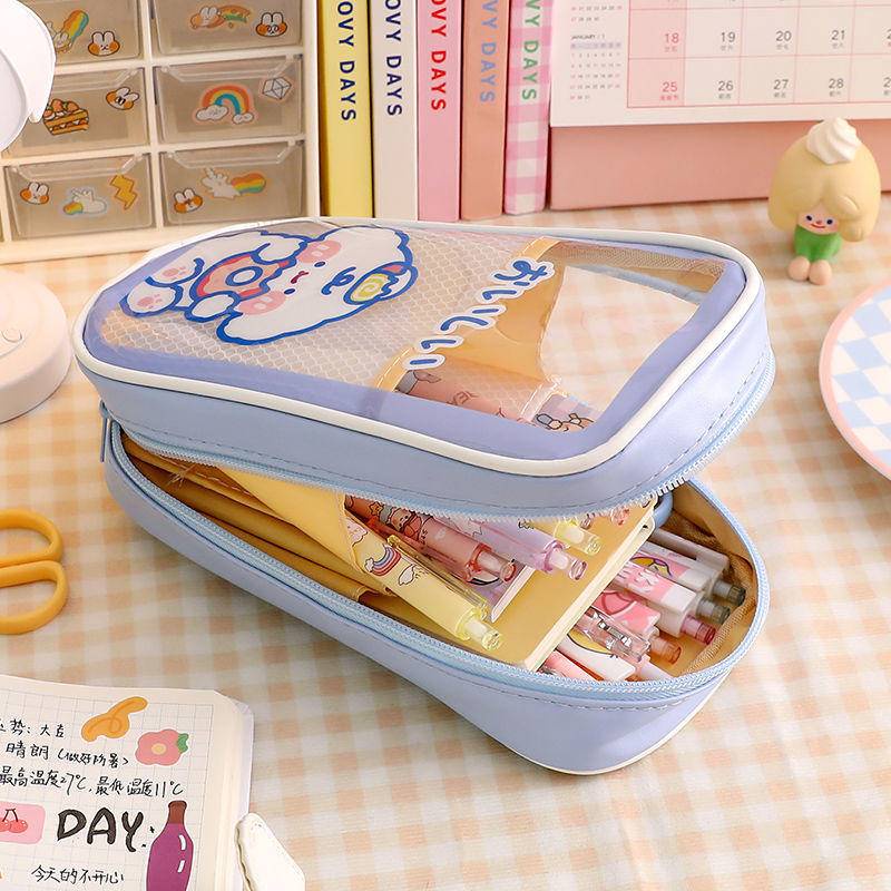 ⭐ iLado ⭐  Túi đựng bút trong suốt cute Dung lượng lớn túi nilong/PVC Stickers túi zip nhỏ hộp vải đựng đồ Hộp đựng hộp bút hologram bút cute bọc zip tiểu an văn phòng phẩm Đa Dụng túi đựng đồ dùng cá nhân hình