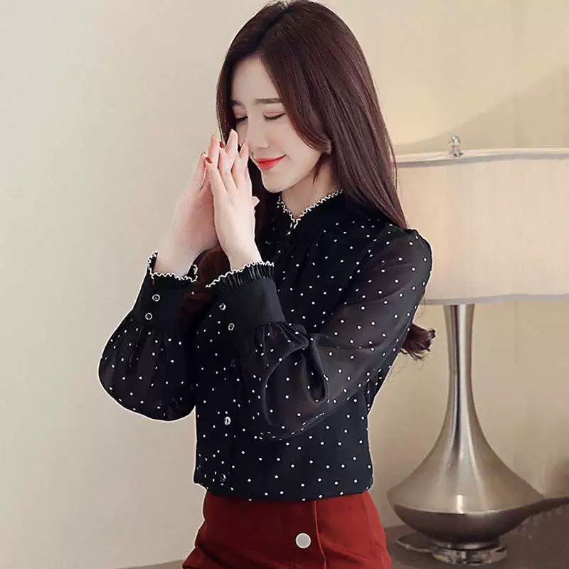 Áo Sơ Mi Nữ Kiểu Dài Tay Chấm Bi Nhỏ Màu Đen Trắng  SM164 -  Candy Fashion