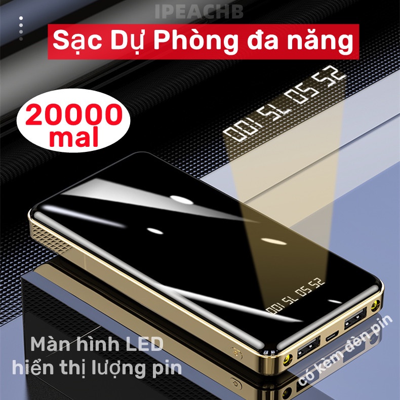 Sạc Dự Phòng Đa Năng 20000mAh Mặt Gương thời thượng Có Kèm Đèn Pin Dung Lượng Lớn-kích thước siêu mỏng nhẹ