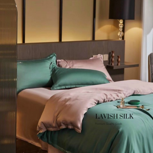 Mix Color Trọn Bộ Chăn Ga Gối Phi Lụa Xanh Matcha Phối Hồng Phấn Lavish Silk Cao Cấp - CG014