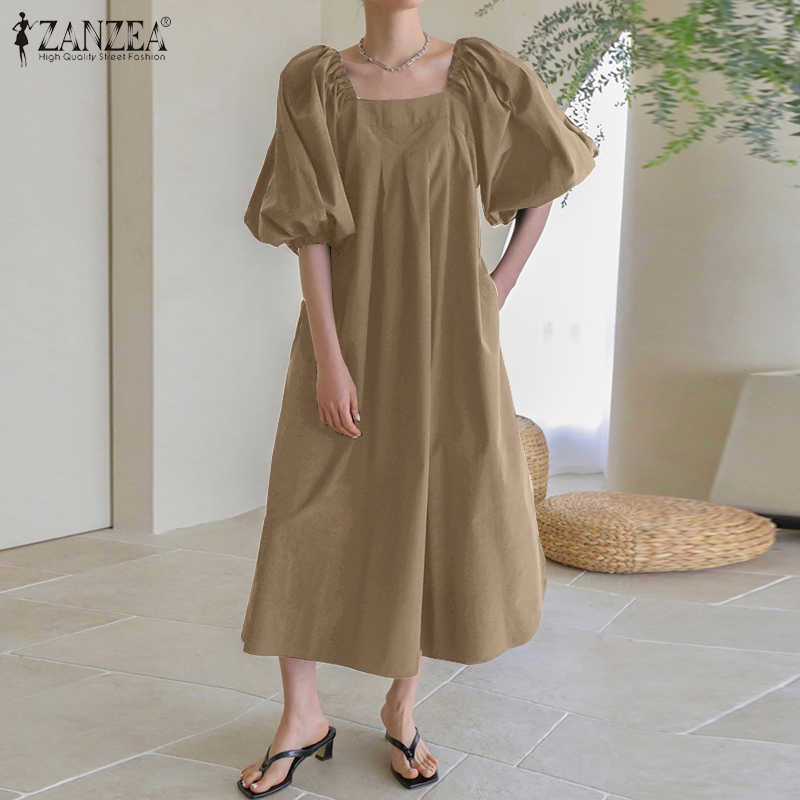 ZANZEA Đầm tay ngắn cổ vuông xếp ly thời trang cho nữ | BigBuy360 - bigbuy360.vn