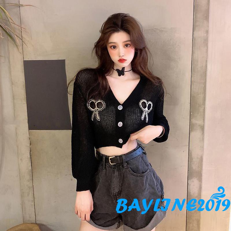 Áo croptop dệt kim tay dài cổ chữ V thêu họa tiết thắt nơ thời trang cho nữ