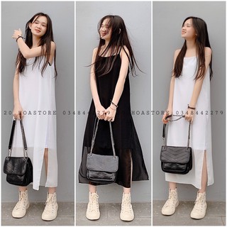 VÁY HAI DÂY VOAN 2 LỚP QUẢNG CHÂU - ĐẦM MAXI ĐŨI TRẮNG ĐEN HOT HIT