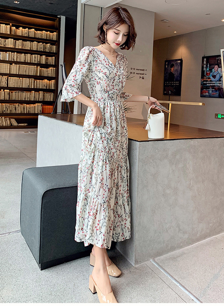 Đầm Dài Cổ Chữ V Họa Tiết Hoa Chất Liệu Chiffon Thời Trang Mùa Hè 2021 | BigBuy360 - bigbuy360.vn