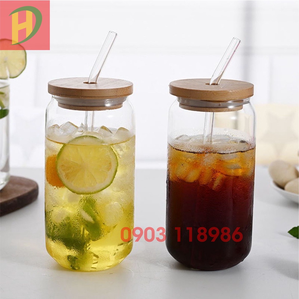 Ly Cốc Thủy Tinh Chịu Nhiệt Nắp Tre và Có Ống Hút Thủy Tinh 500ml