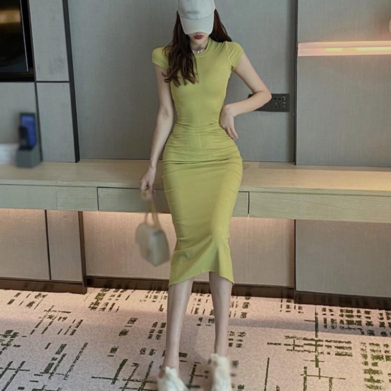 Đầm Midi Cổ Tròn Màu Trơn Xẻ Tà Phong Cách Hàn Quốc