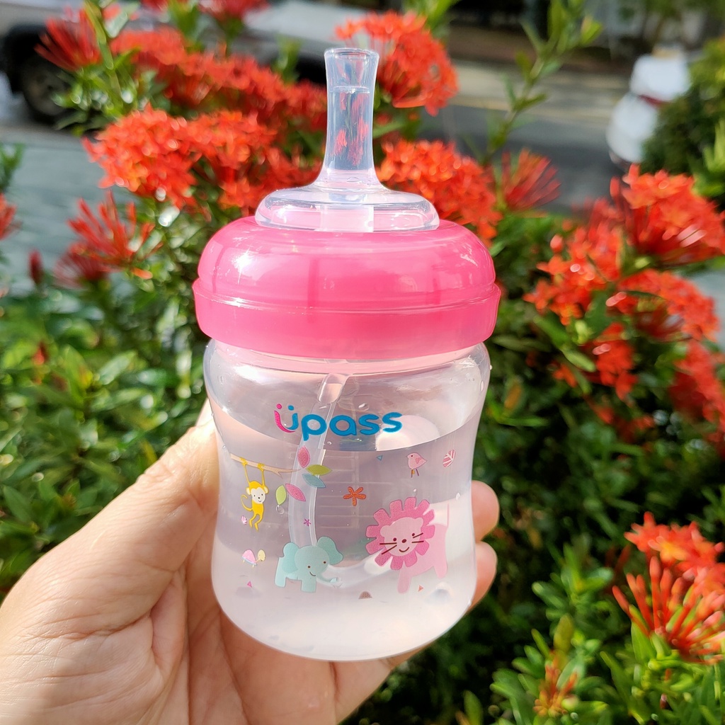 Bình tập uống nước Upass ống hút mềm, chống sặc, chống đổ, uống được mọi tư thế cho bé, vạch chia 160ml