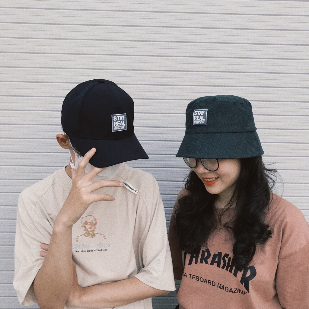 Mũ tai bèo vành cụp BUCKET  ❤️ Nón tai bèo thêu tem STAY REAL chất nhung tăm cao cấp form unisex nam nữ 205