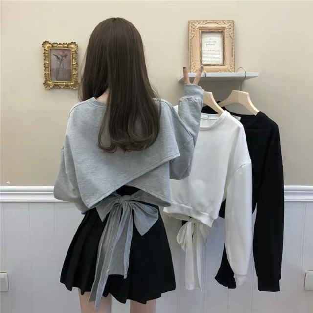 [Order taobao Croptop nỉ mỏng xẻ, buộc nơ lưng ullzang