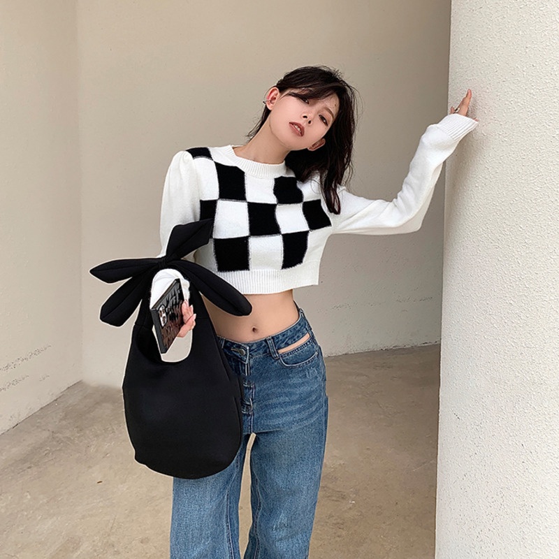 Áo Len Tay Dài Họa Tiết Kẻ Sọc Trắng Đen Thời Trang Mùa Thu Cho Nữ