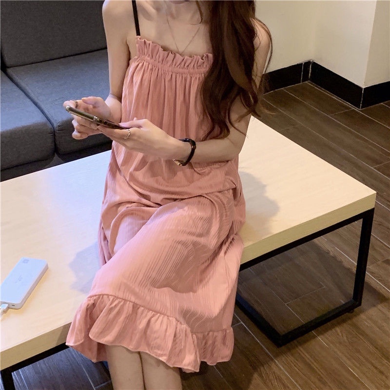 Đầm Ngủ Hai Dây Màu Sắc Đơn Giản Thời Trang Mùa Hè Hàn Quốc Cho Nữ