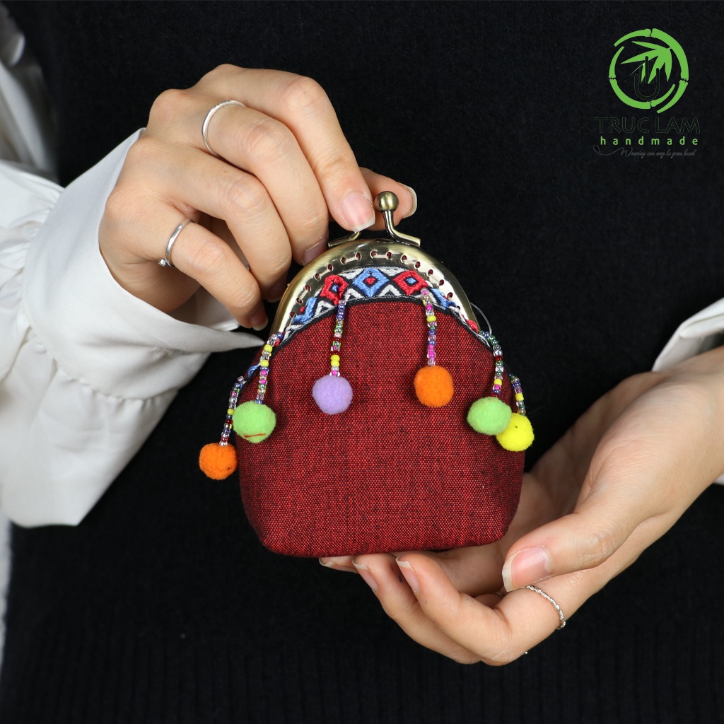 Ví Xu Mini Ví Cầm Tay Khóa Nẹp Đồng Gắn Quả Bông Vải Dệt Thô Phương La Thái Bình - Trúc Lâm Handmade