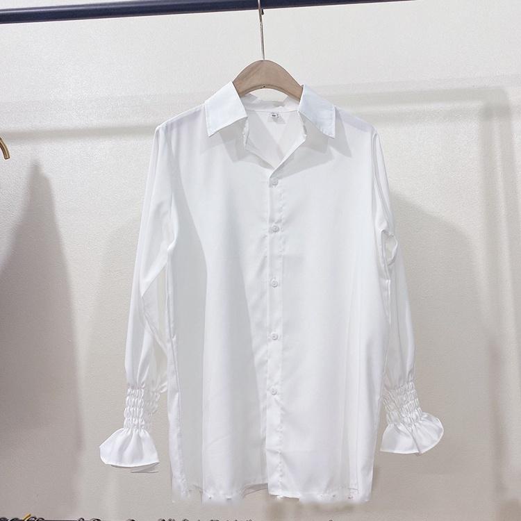 Áo sơ mi trắng nữ đi học tay dài bo chun nhúm cổ bẻ basic form rộng vừa kiểu áo sơ mi đi học sinh nữ tay dài vải lụa mát