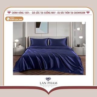 Bộ vỏ chăn ga gối phi lụa 5 món cao cấp mát lạnh lan bedding màu xanh đen