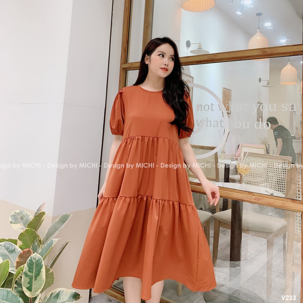 Váy suông babydoll 3 tầng, cổ nơ, đầm xuông rộng, freesize, nhiều màu, mã V233 - Michi's House | BigBuy360 - bigbuy360.vn