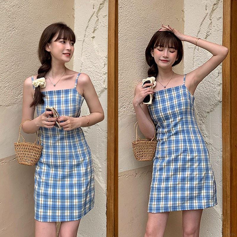 Đầm Hai Dây Họa Tiết Sọc Caro Phong Cách Retro