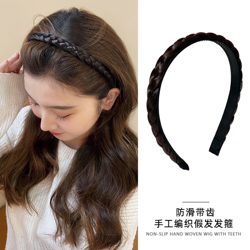 Băng Đô Tóc Giả Dạng Bện Màu Đen Có Răng Chống Trượt Cho Nữ