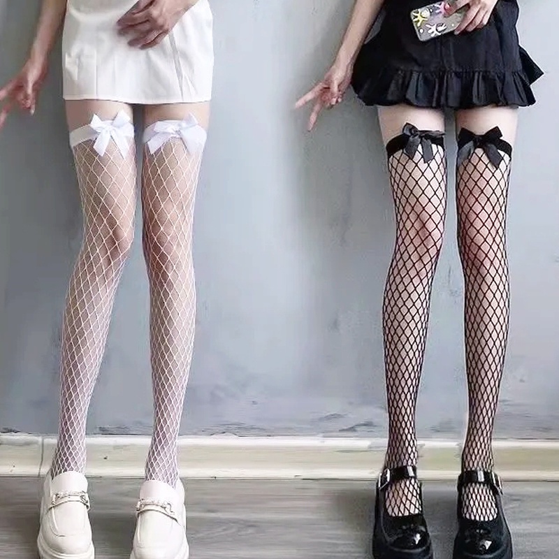 Vớ Lưới Xuyên Thấu Cao Qua Gối Phối Nơ Phong Cách Hàn Quốc Dễ Thương Dành Cho Nữ