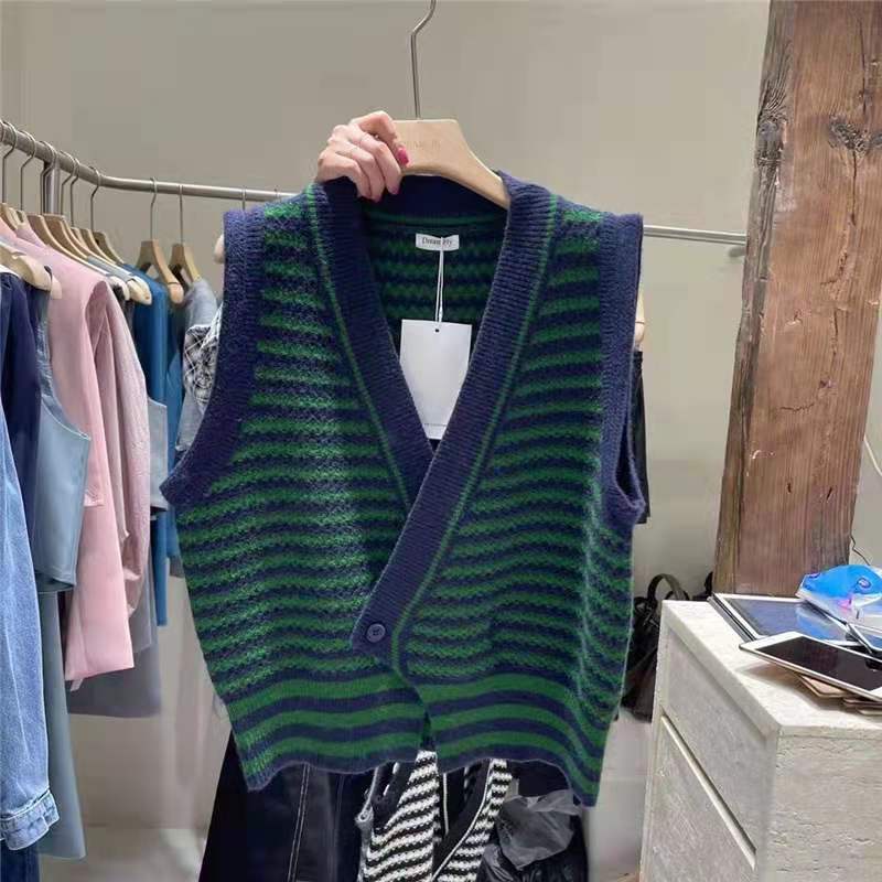 Áo khoác cardigan dệt kim không tay phối hàng nút họa tiết kẻ sọc phong cách retro Hàn quốc