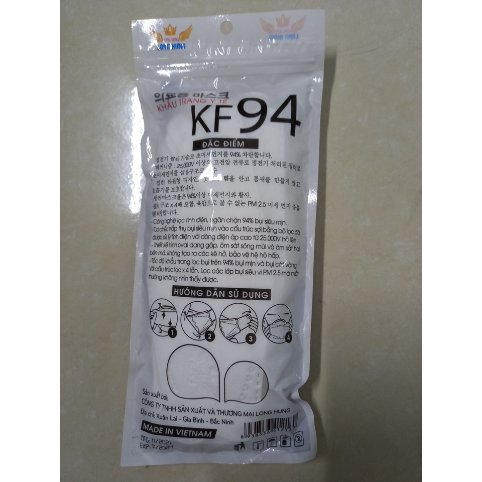 Khẩu trang y tế đẹp , thời trang KF94 Long hưng. Hàng 4 lớp ,ôm sát sóng mũi. túi 10 cái