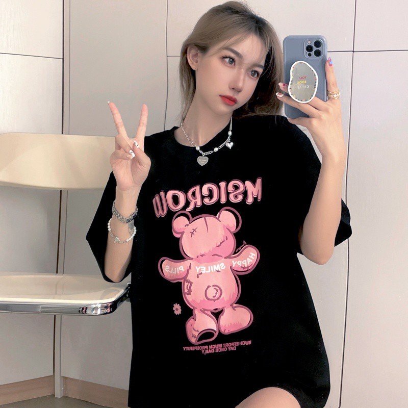 Áo Thun Tay Ngắn Cổ Tròn Dáng Rộng In Họa Tiết Hoạt Hình Dễ Thương Cho Nữ