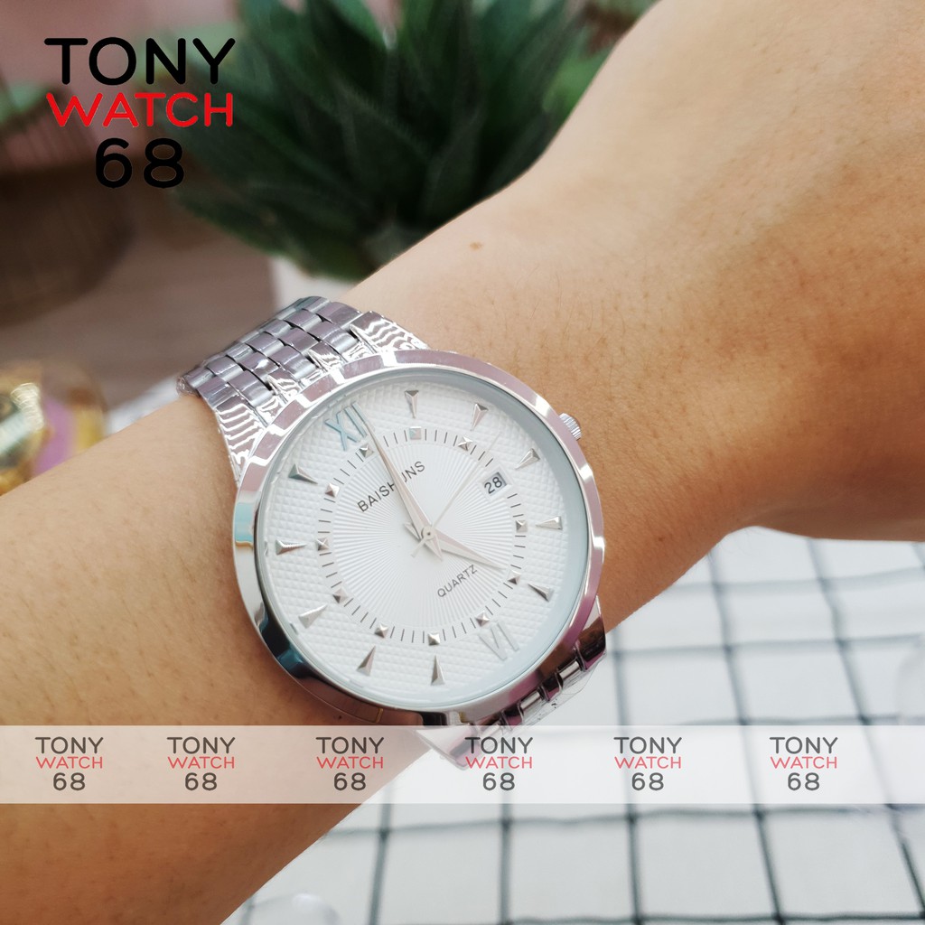 Đồng hồ cặp đôi nam nữ Baishuns mặt tròn trắng dây kim loại bạch kim chính hãng Tony Watch 68 | BigBuy360 - bigbuy360.vn
