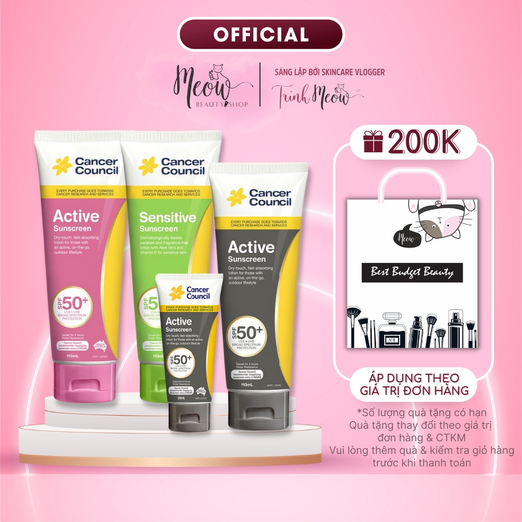 Kem chống nắng Cancer Council năng động, da nhạy cảm Active/Sensitive SPF 50+/ PA +++ 35ml - 110ml