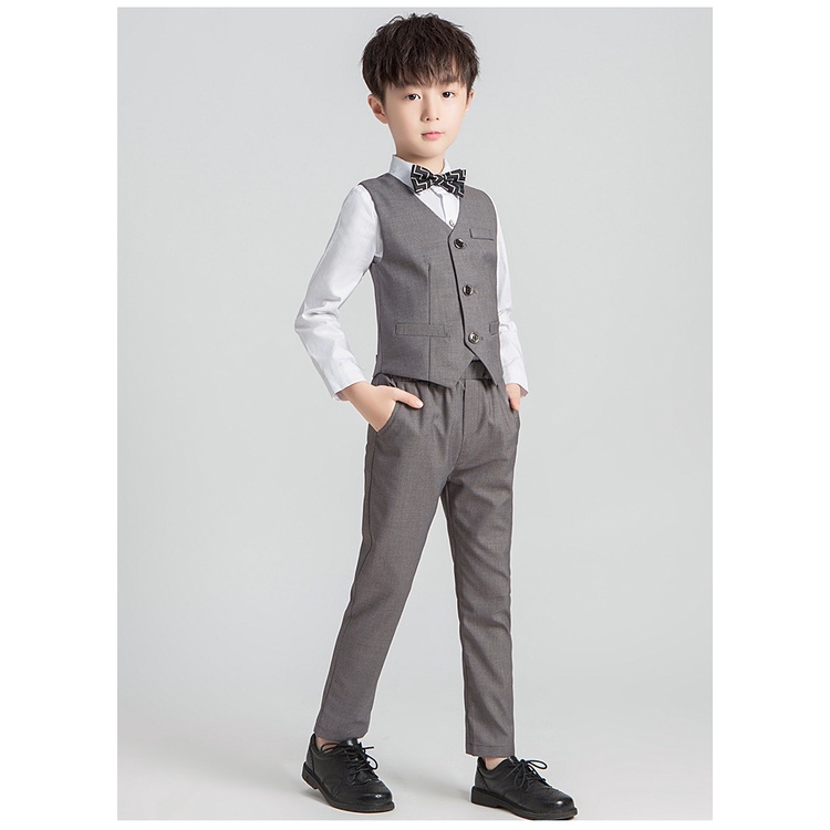 Bộ vest bé trai cao cấp ghi xám cho bé đi tiệc TQB030 gồm 3 chi tiết (áo ghile + áo vest + quần tây) tặng kèm nơ