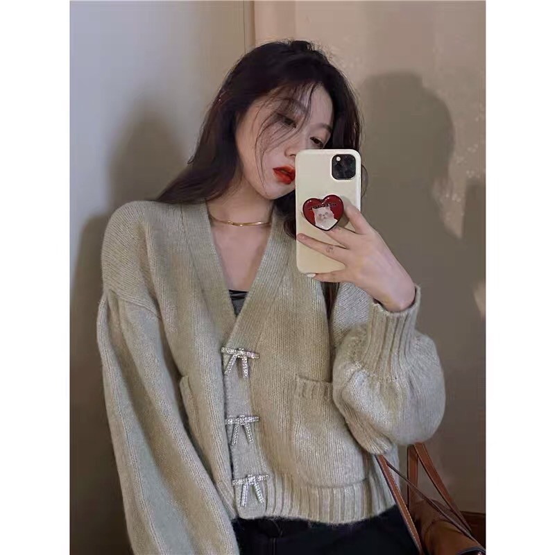Set áo khoác len cardigan croptop tay bồng + áo 2 dây bản to cổ vuông đính nơ đá ZR Ulzzang siêu đẹp ❤️