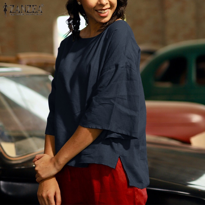 Zanzea Áo Sơ Mi Tay Lửng 3 / 4 Cổ Tròn Màu Trơn Phong Cách Châu Âu Cho Nữ