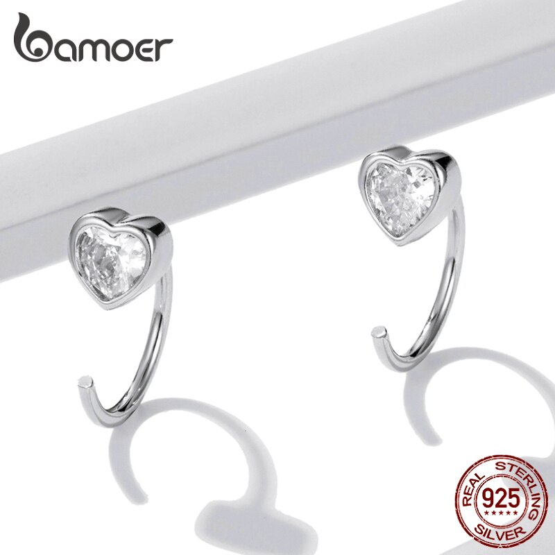 Hoa tai Bamoer BSE516 dát đá zircon khối hình trái tim bằng bạc 925 thật cho nữ
