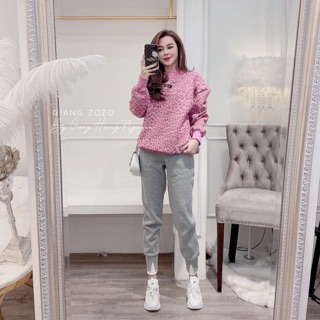 Sét áo thụng hoạ tiết báo mix quần bom nỉ xám